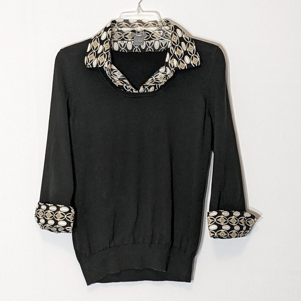 Black Layered-Look Sweater with Patterned Collar and Cuffs
